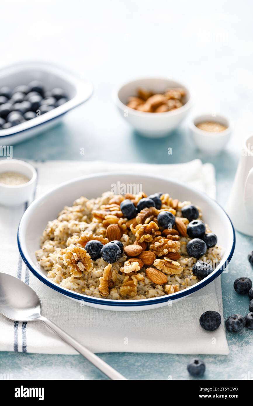 Haferbrei mit Heidelbeere, Mandeln, Walnüssen, Leinsamen, Sesam und Chia. Gesunde vegetarische Speisen zum Frühstück Stockfoto