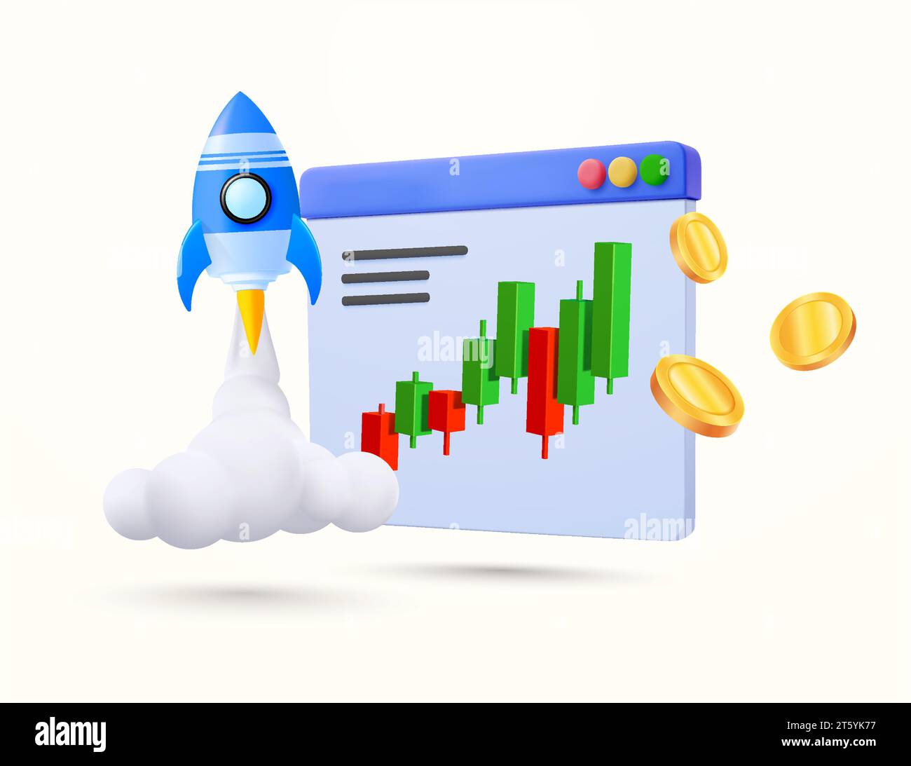 Bannervorlage für 3D-Aktien oder Krypto-Investitionen mit Startrakete, wachsender Kerzenstichkarte, goldenen Münzen, Browser- oder Anwendungsfenster. Symbol für 3D-gerenderte Finanzierungsinvestitionen. Isolierter Vektor. Vektorabbildung Stock Vektor