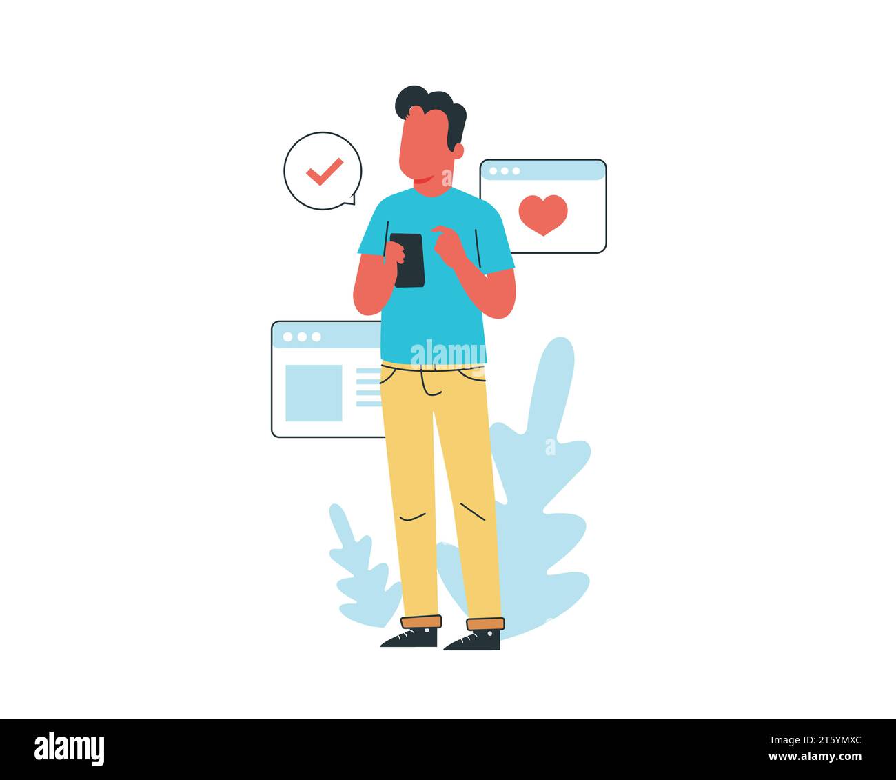 Junger Mann mit Smartphone und Tablet. Vektor-Illustration in flachem Cartoon-Stil. Stock Vektor