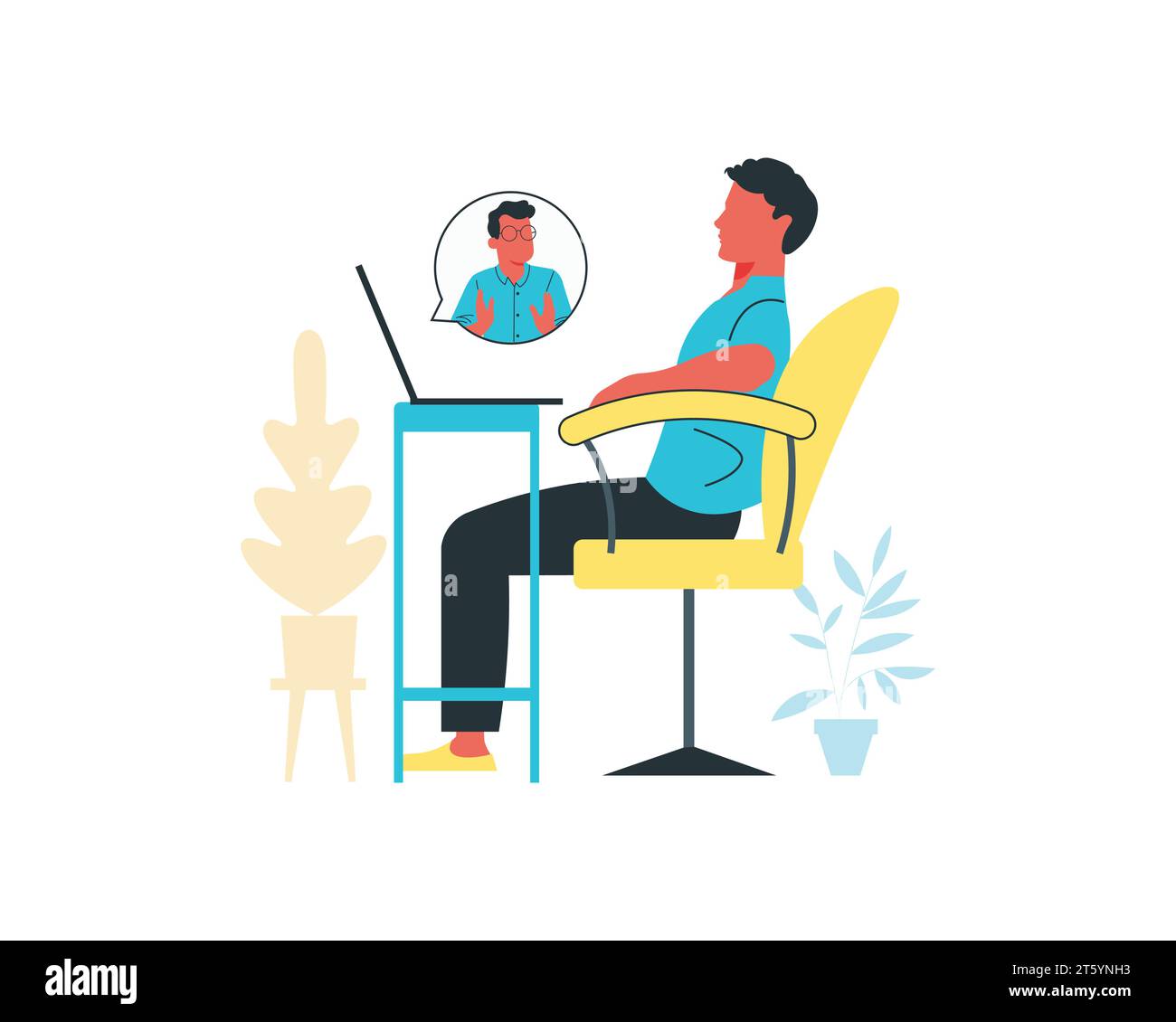 Junger Mann, der auf einem Stuhl sitzt und am Laptop arbeitet. Illustration des flachen Vektors. Stock Vektor
