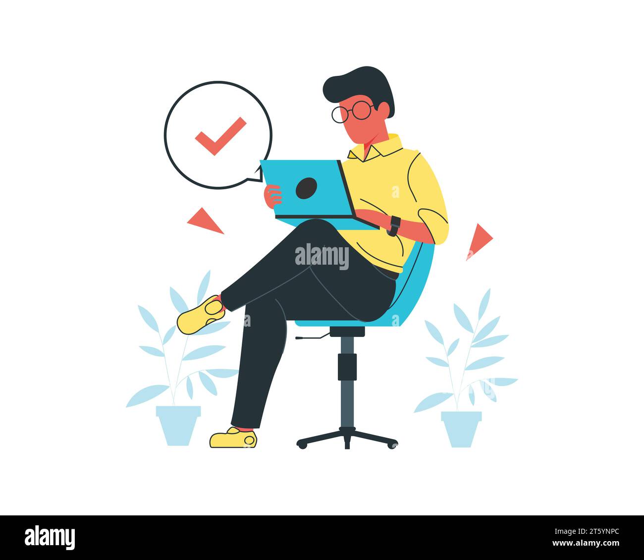 Junger Mann, der auf einem Stuhl sitzt und einen Laptop benutzt. Illustration des flachen Vektors. Stock Vektor