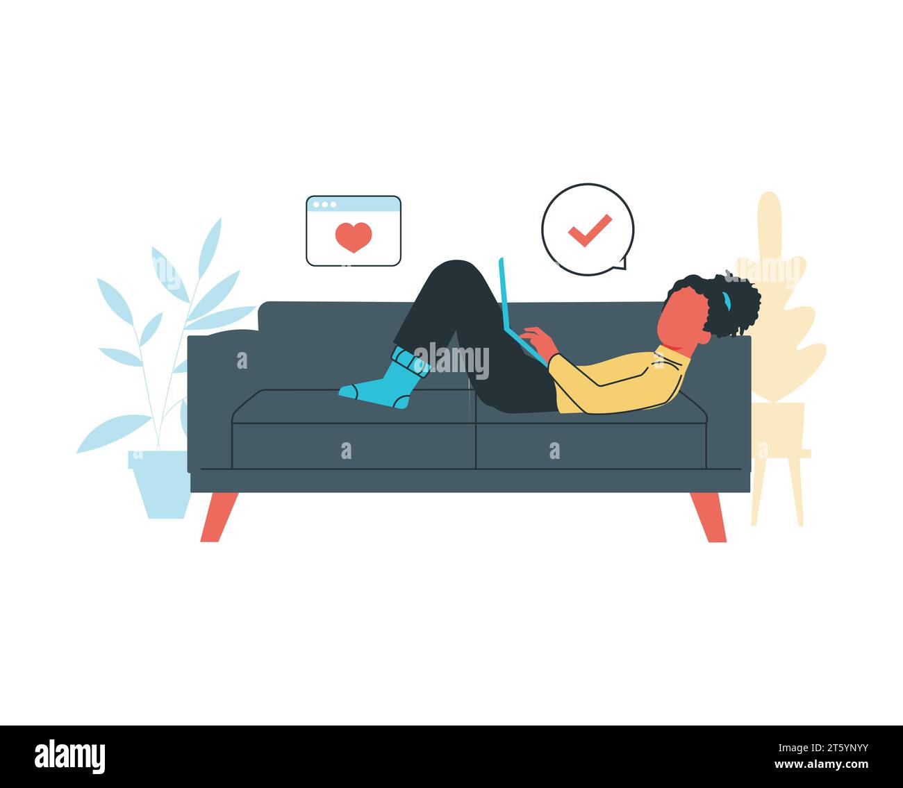 Das Mädchen legt sich auf eine Couch, während es einen Laptop benutzt Stock Vektor
