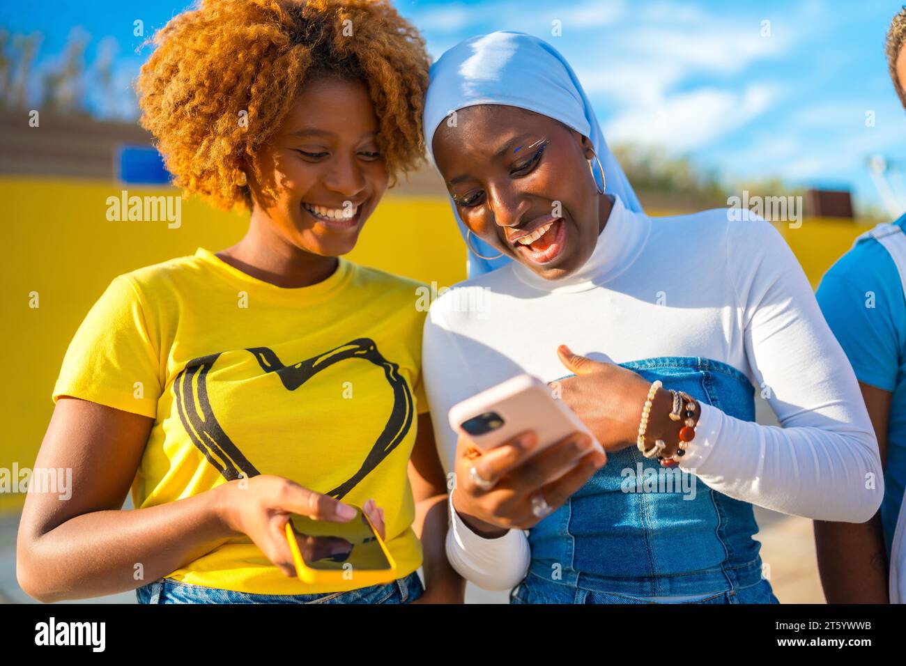 Frontales Porträt einer muslimischen afrikanerin und Afro-Freunden, die im Freien ein Mobiltelefon benutzen Stockfoto