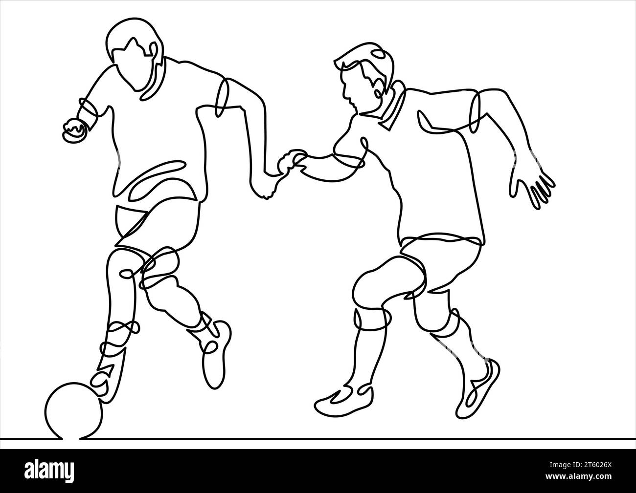 Durchgehende Linienzeichnung oder eine Linienzeichnung von zwei Fußballspielern, die nach dem Ball suchen Stock Vektor