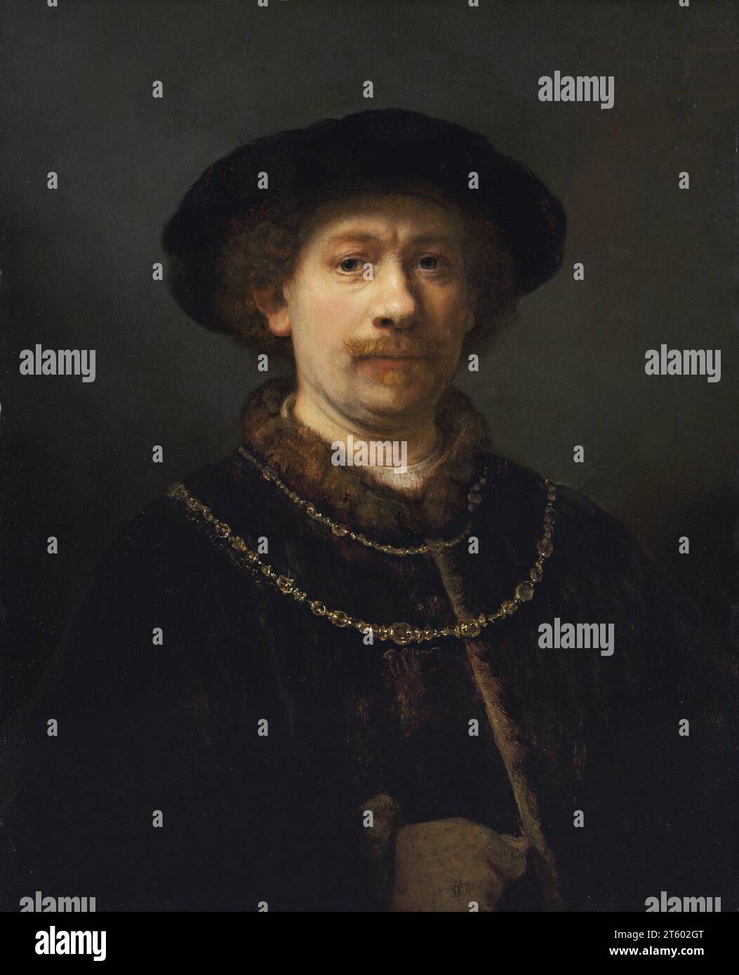 Titel: Selbstporträt mit Hut und zwei Ketten Schöpfer: Harmensz. Van Rijn Rembrandt Jahr: Ca. 1642 - 1643 Abmessungen: 72 x 54,8 cm Durchschnitt: Öl auf Platte Ort: Museo Nacional Thyssen-Bornemisza, Madrid Stockfoto
