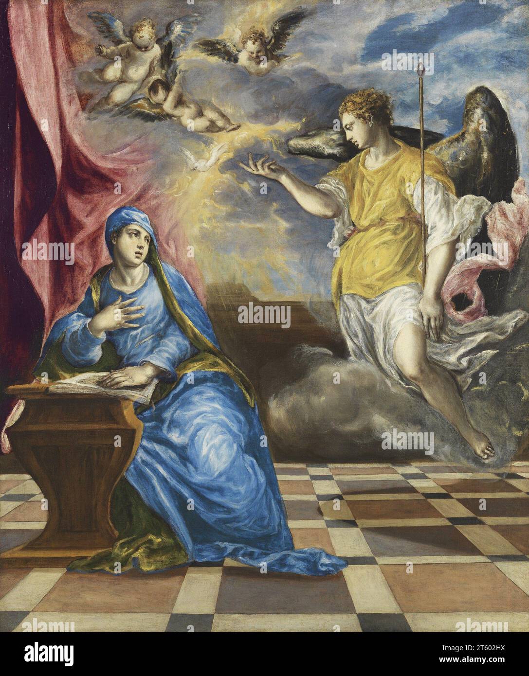 Titel: Der Schöpfer der Verkündigung: El Greco (Doménikos Theotokópoulos) Jahr: Ca. 1576 Abmessungen: 117 x 98 cm Durchschnitt: Öl auf Leinwand Ort: Museo Nacional Thyssen-Bornemisza, Madrid Stockfoto