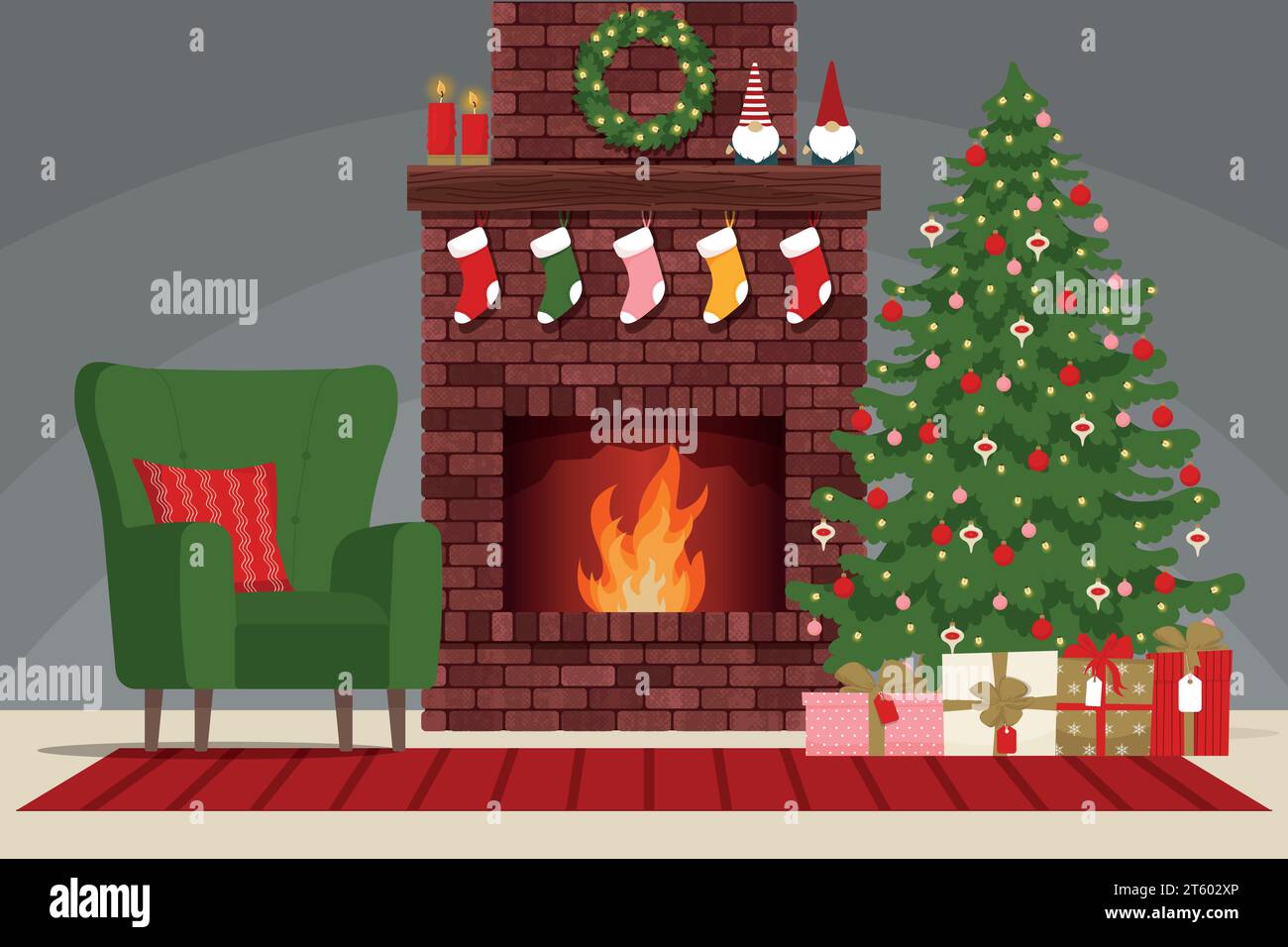 Gemütliches Interieur mit klassischem Kamin aus Ziegelstein, Sessel und dekoriertem Weihnachtsbaum. Vektorabbildung in abgewickelter Form Stock Vektor