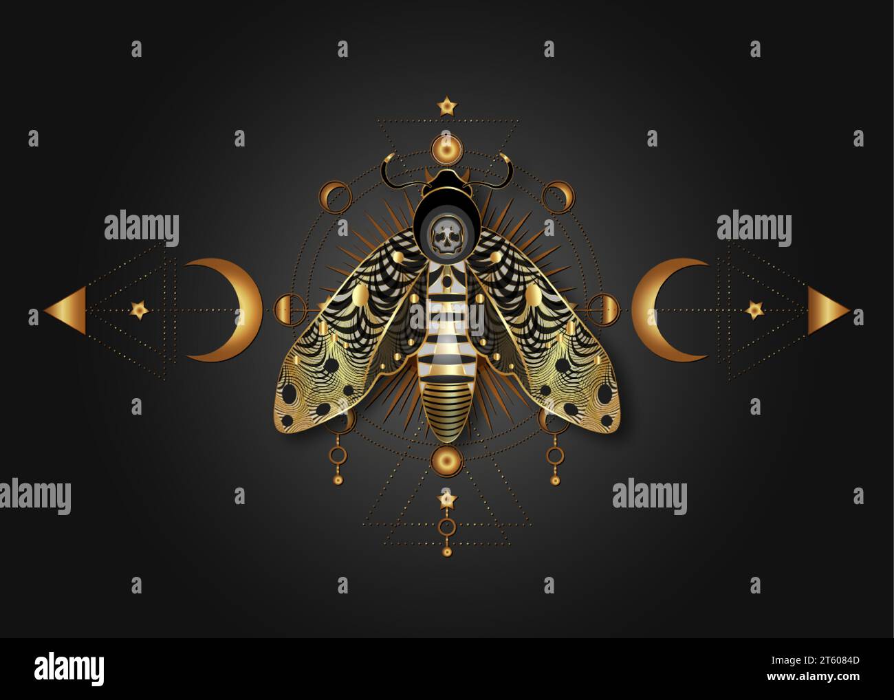 Die Totenkopfmotte auf der Heiligen Geometrie. Nachtmystischer Schmetterling mit Schädel- und Mondphasen. Goldene Luxus-Vektor-Illustration der himmlischen Ikone Stock Vektor