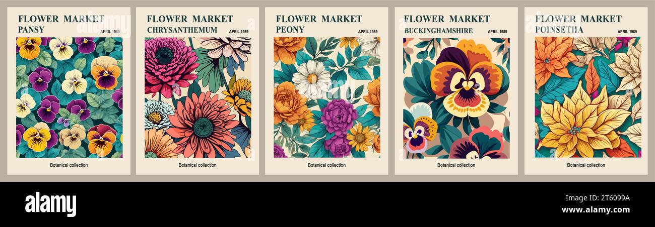 Satz abstrakter Blumenmarkt-Vektorplakate. Stock Vektor