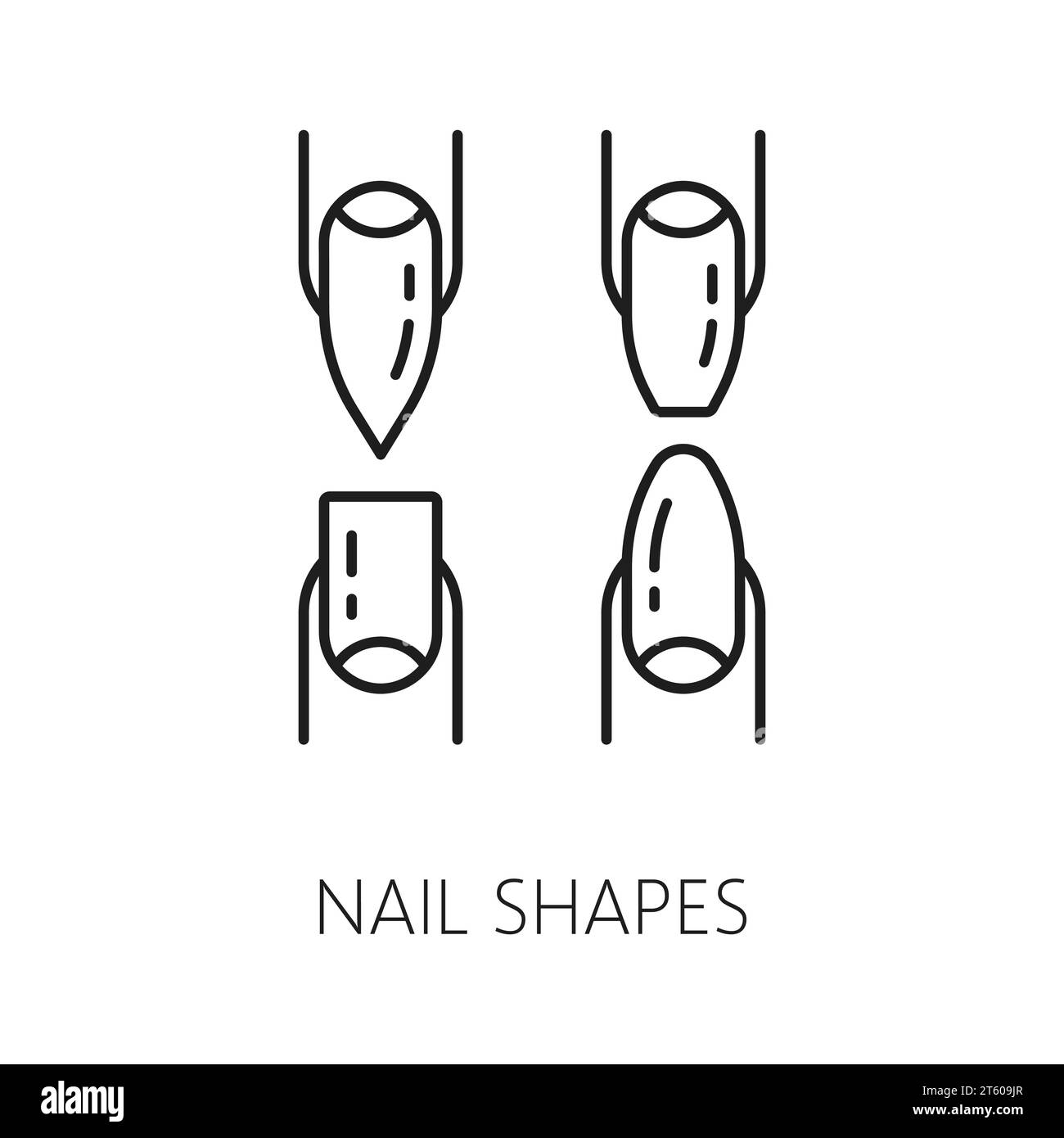 Nagelformen Symbole für Maniküre Service, Hände Pflege oder Fingernagel Behandlung und Schönheit, Linie Vektor. Nagelform-Piktogramm für Manikürfälschung oder falsche Nagelauftragung und kosmetischen Service Stock Vektor