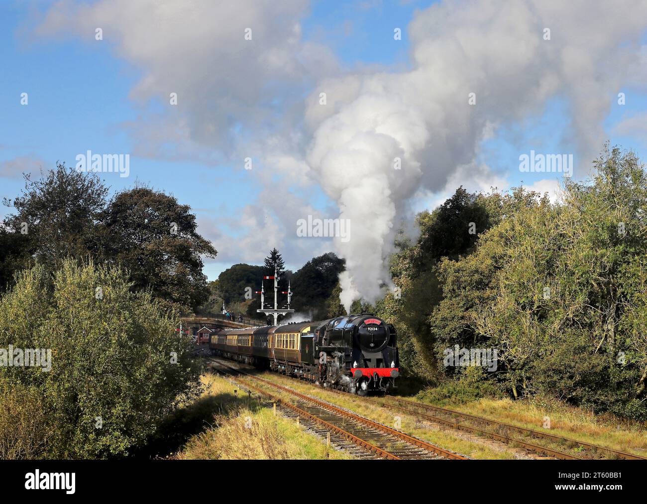 Der 9F 92134 fährt von Goathland am 22.10.23 mit einem Service nach Pickering ab. Stockfoto