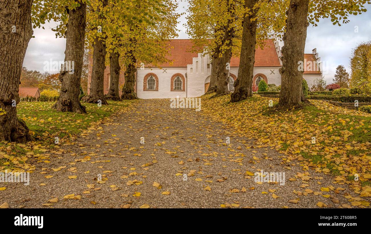 Ein langer Schotterweg mit heruntergefallenen Blättern, der am 4. November 2023 zu einer weißen Kirche in Helsinki, Dänemark, führt Stockfoto