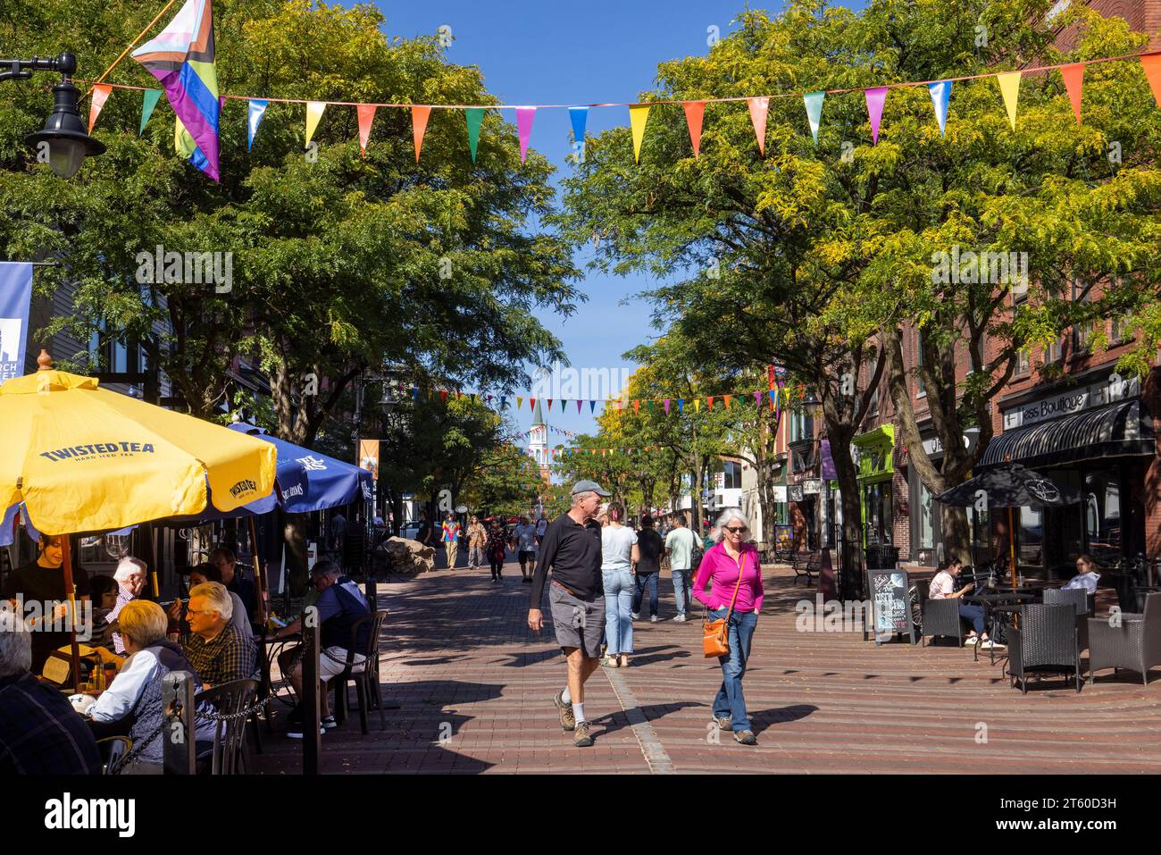 Der Church Street Marketplace ist eine freiliegende Fußgängerzone in Burlington, Vermont. Stockfoto