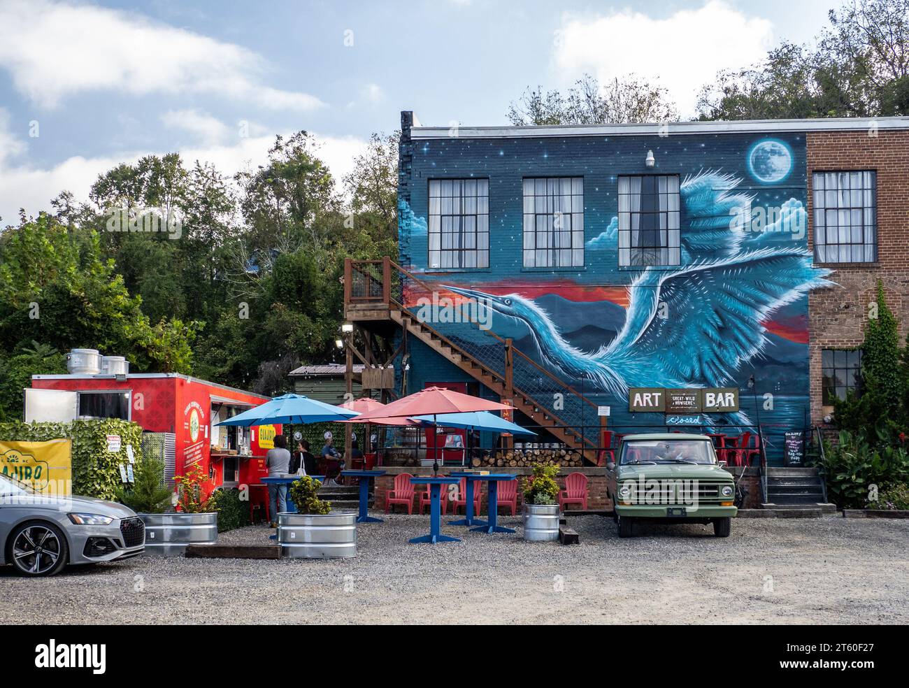 Großes Graffiti-Gemälde eines großen Blaurreis in einem Kunststudio im RAD River Arts District von Asheville, North Carolina Stockfoto