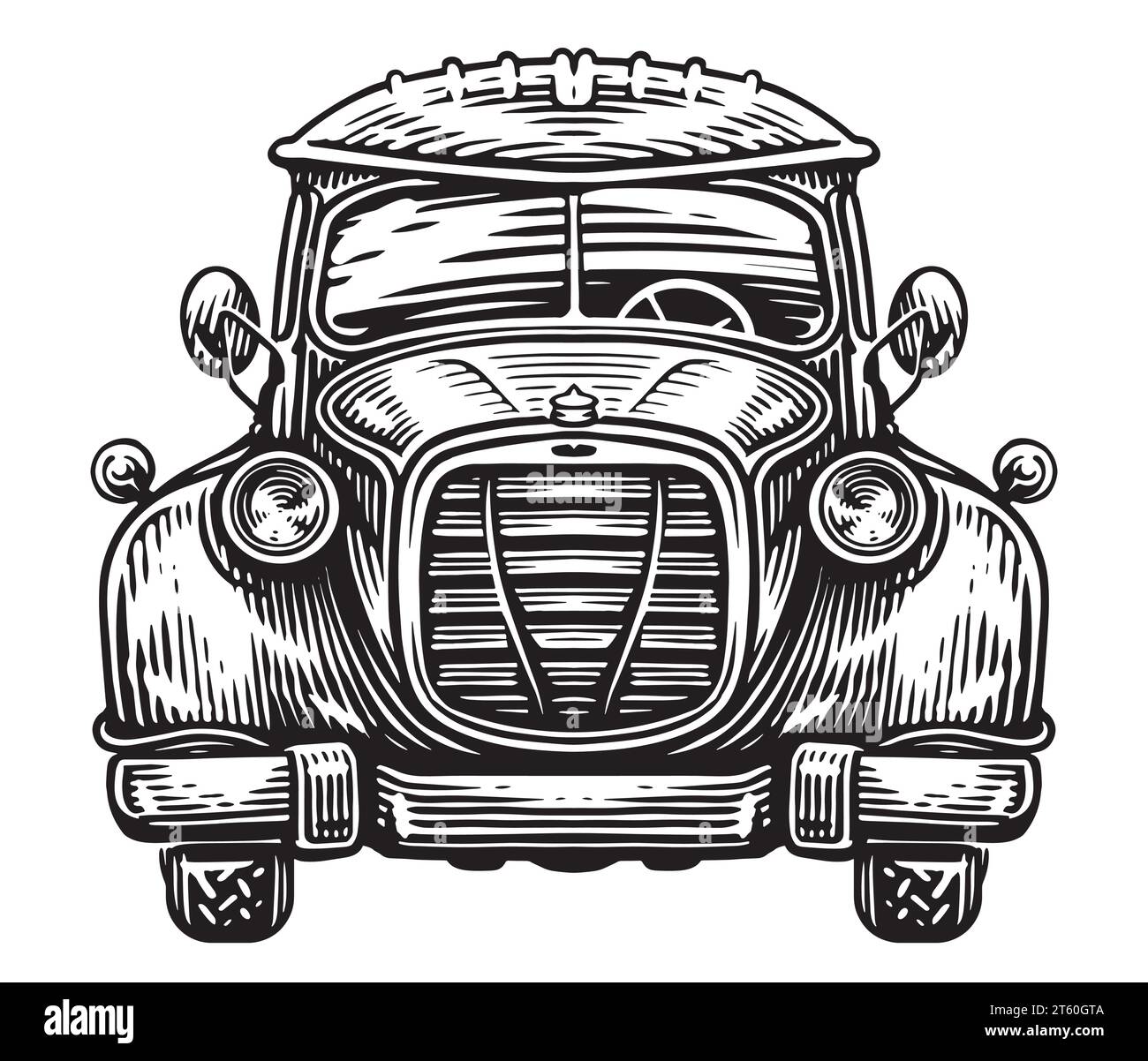 Handgezeichnete Vorderansicht eines Retro-Autos im Schwarz-weiß-Stil. Vintage-Transport, Skizze Vektor-Illustration Stock Vektor