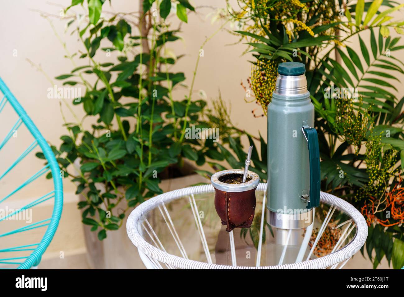 Mate und Thermo im Garten. Yerba Mate, traditionelles südamerikanisches Heißgetränk. Stockfoto