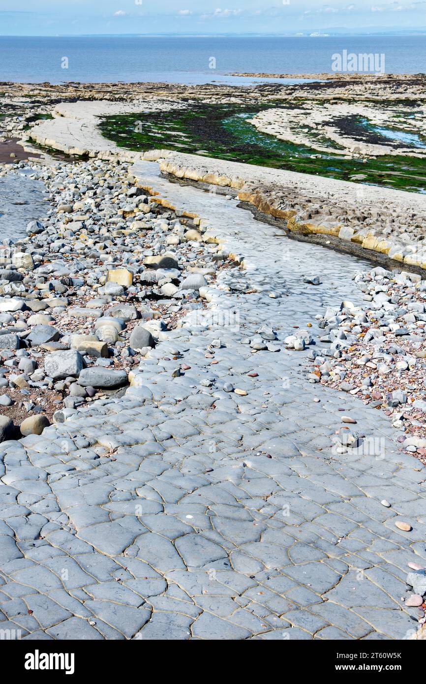 Kilve Beach und felsige Küste, in Kilve, Quantocks, Somerset, Großbritannien an sonnigen Tagen. Der Strand ist bekannt für seine Fossilien. Stockfoto