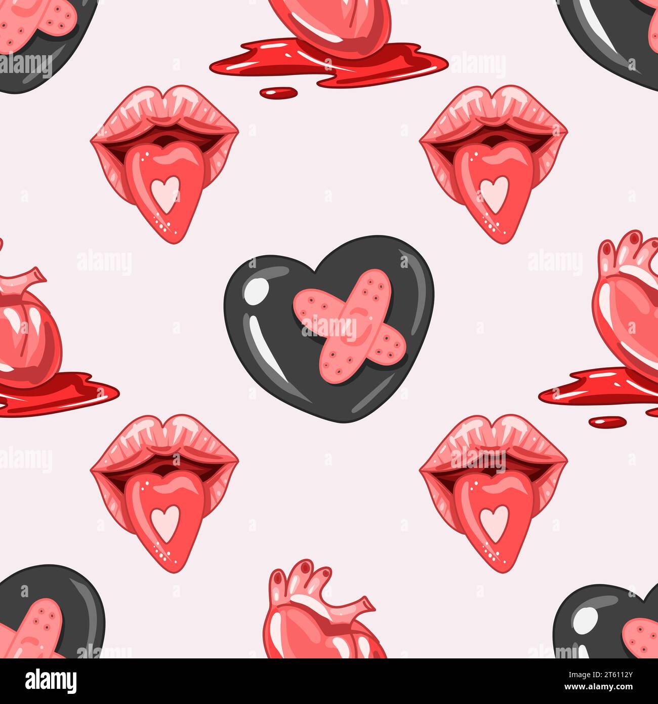 Gruselige Valentinstag nahtlose Muster, Spooky Valentine, Pastel Goth digitale Aufkleber, Alternative Valentinstag Vektor EPS10 Stock Vektor
