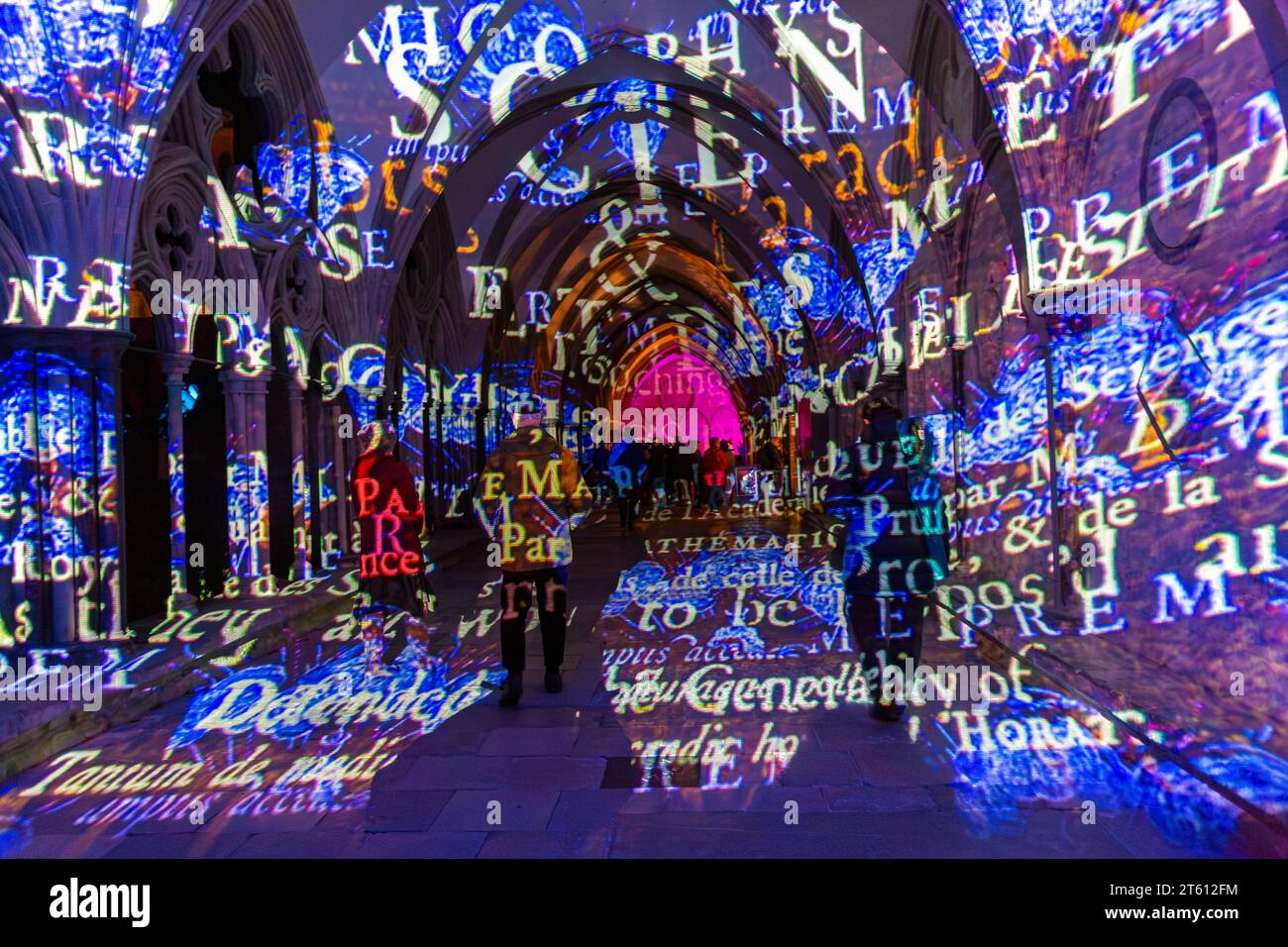 Salisbury, Wiltshire Großbritannien. November 2023. Sarum Lights Illuminating Arts öffnet sich in Salisbury, Wiltshire, und bringt das unglaublich beliebte Licht- und Klangerlebnis in die Kathedrale von Salisbury, verwandelt die Kathedrale mit immersiven Lichtprojektionen und atmosphärischen Klangwelten, die Jahrhunderte von Kunst und Veränderungen in der Gesellschaft vom Drama des Barocks erkunden, die sich in den protestantisch-katholischen Konflikten des 16. Jahrhunderts zum Art déco entwickelte, der durch Industrialisierung und Experimentierung Anfang des 20. Jahrhunderts wuchs. Quelle: Carolyn Jenkins/Alamy Live News Stockfoto