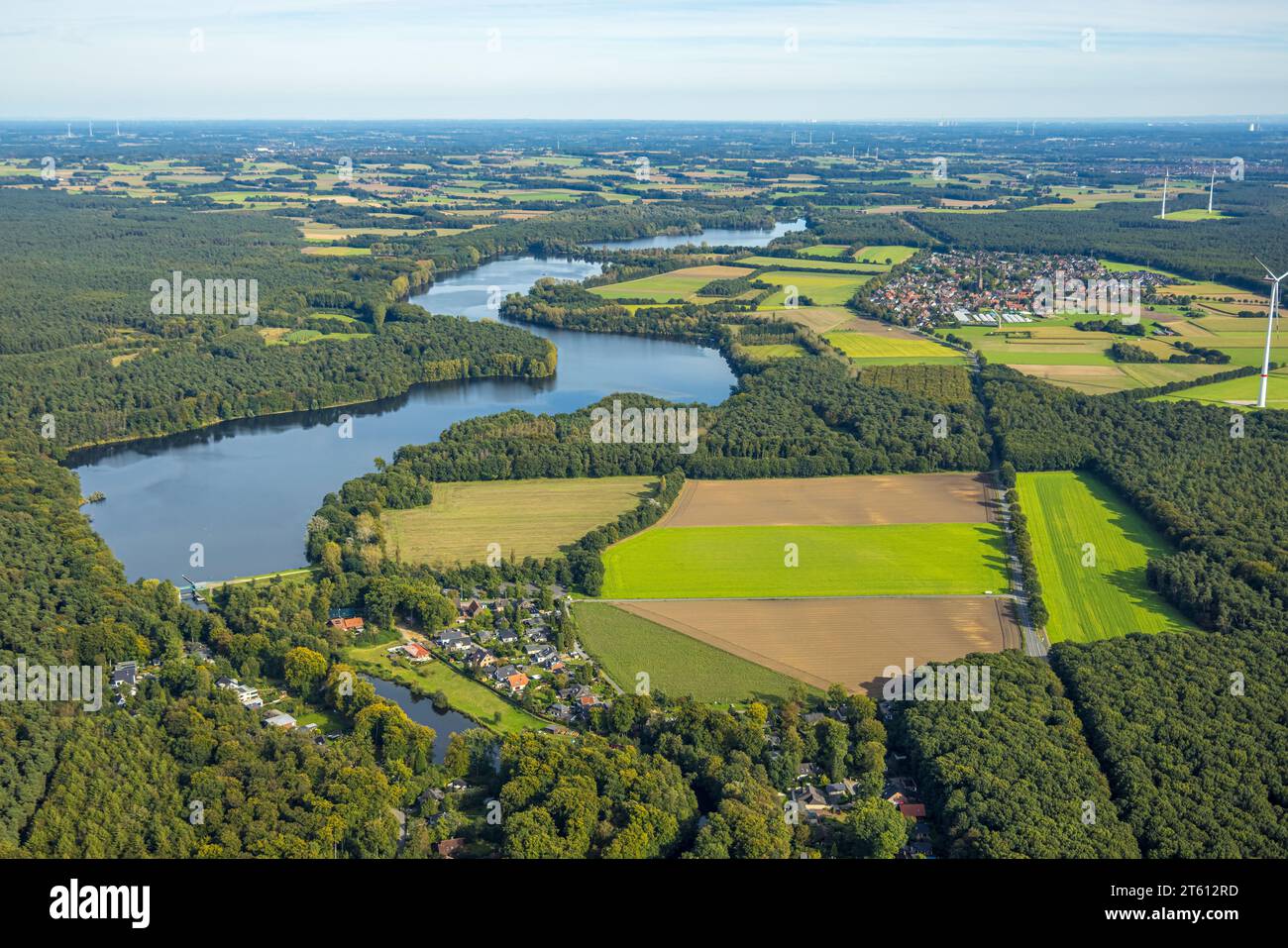 Luftaufnahme, Hullerner Stausee, Wiesen und Felder, Hullern, Haltern am See, Ruhrgebiet Münsterland, Nordrhein-Westfalen, Deutschland, DE, Europa, Ln Stockfoto