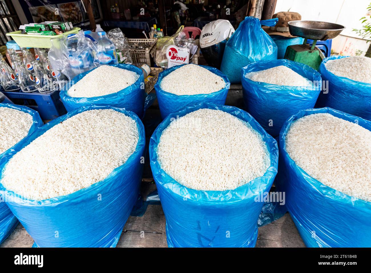 Straßenmarkt, Reis, in der Nähe von Talat Sao, Stadtzentrum, Vientiane, Laos, Südostasien, Asien Stockfoto