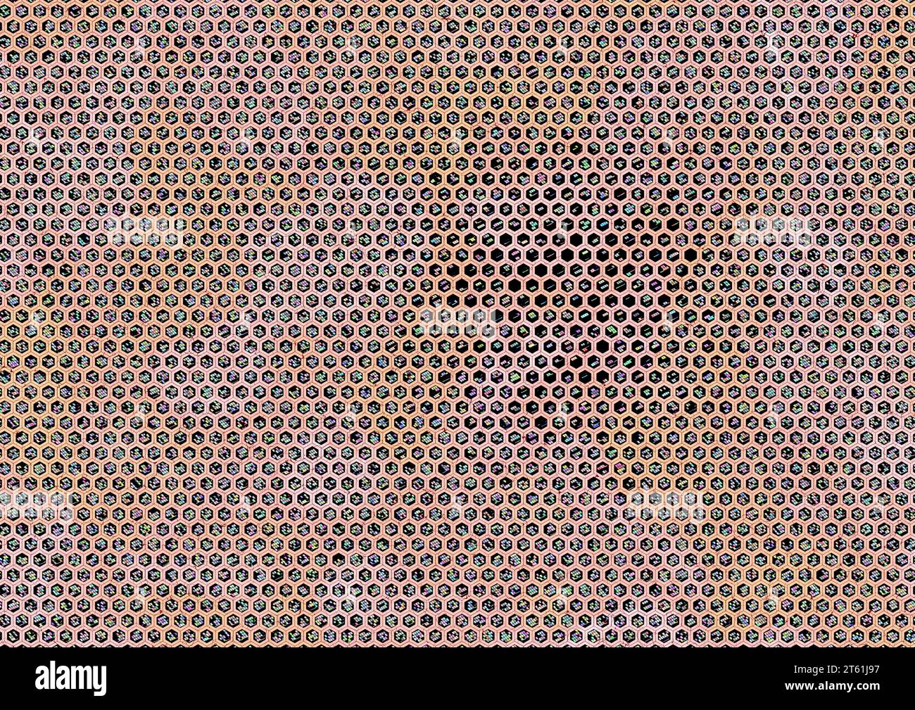 Sechseckiges Design aus kleinen Kreisen und Linien in verschiedenen Farben. Die vorherrschenden Farben sind Pink, Blau und Orange. Dieses Muster erzeugt eine Option Stockfoto