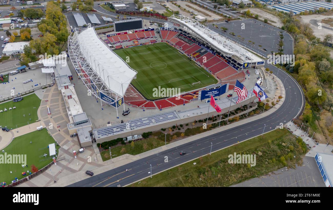 Sandy, UT, USA. November 2023. Luftaufnahme des America First Fields, Heimstadion des Real Salt Lake und des National Women's Soccer League Club, Utah Royals FC. (Credit Image: © Walter G Arce SR/ASP) NUR REDAKTIONELLE VERWENDUNG! Nicht für kommerzielle ZWECKE! Stockfoto