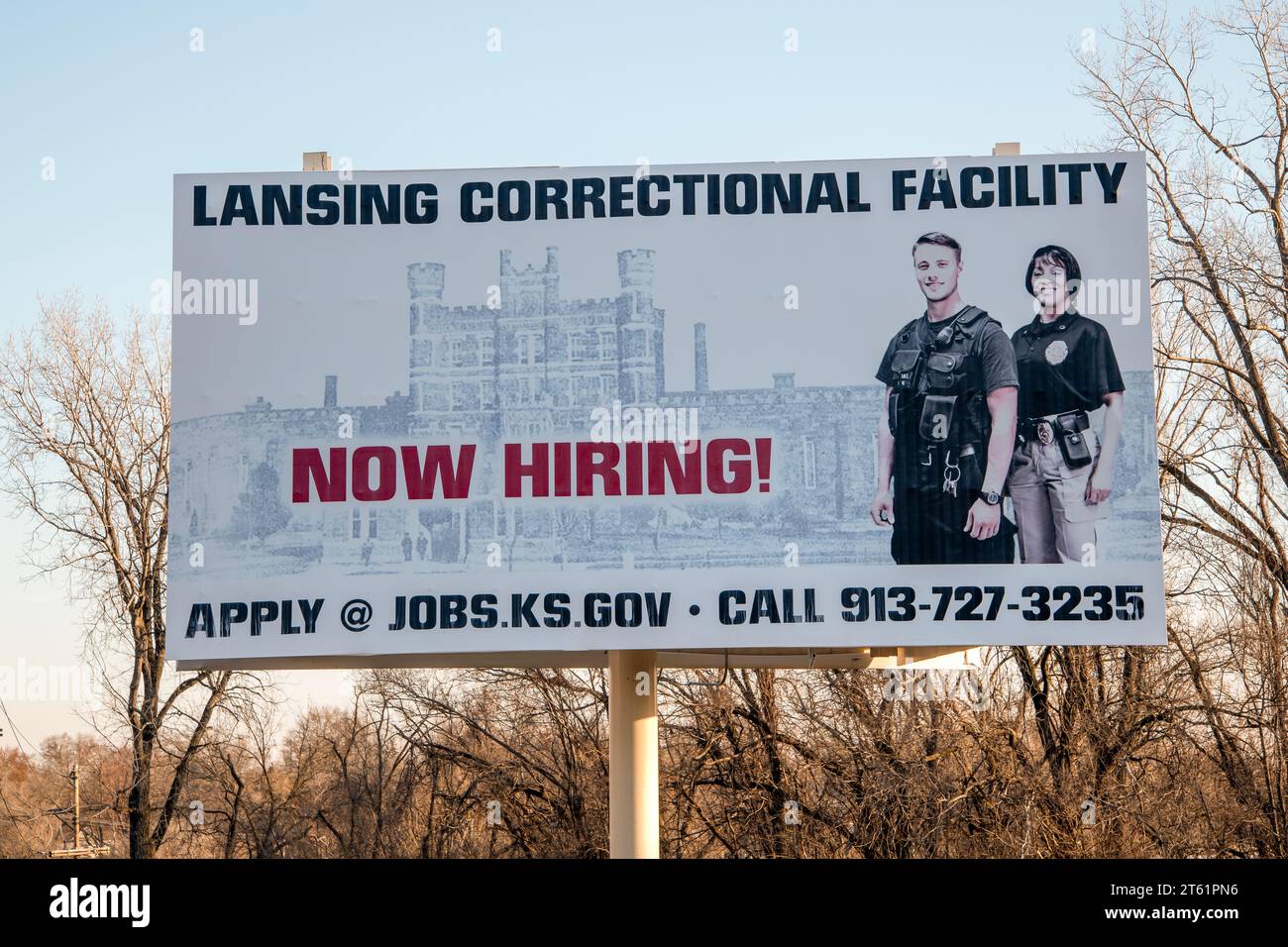 Lansing, Kansas. Lansing Strafanstalt. Werbung für Hilfe im Gefängnis. Stockfoto