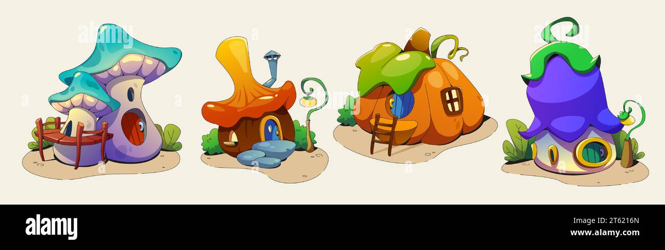 Märchenhafte winzige Zauberhäuser für Gnome und Elfen aus Pilzen, Kürbissen und Blumen mit Fenstern und Türen - Zeichentrickvektor-Illustration Set von niedlichen kleinen Häusern für Fantasy Forest Wunderland. Stock Vektor