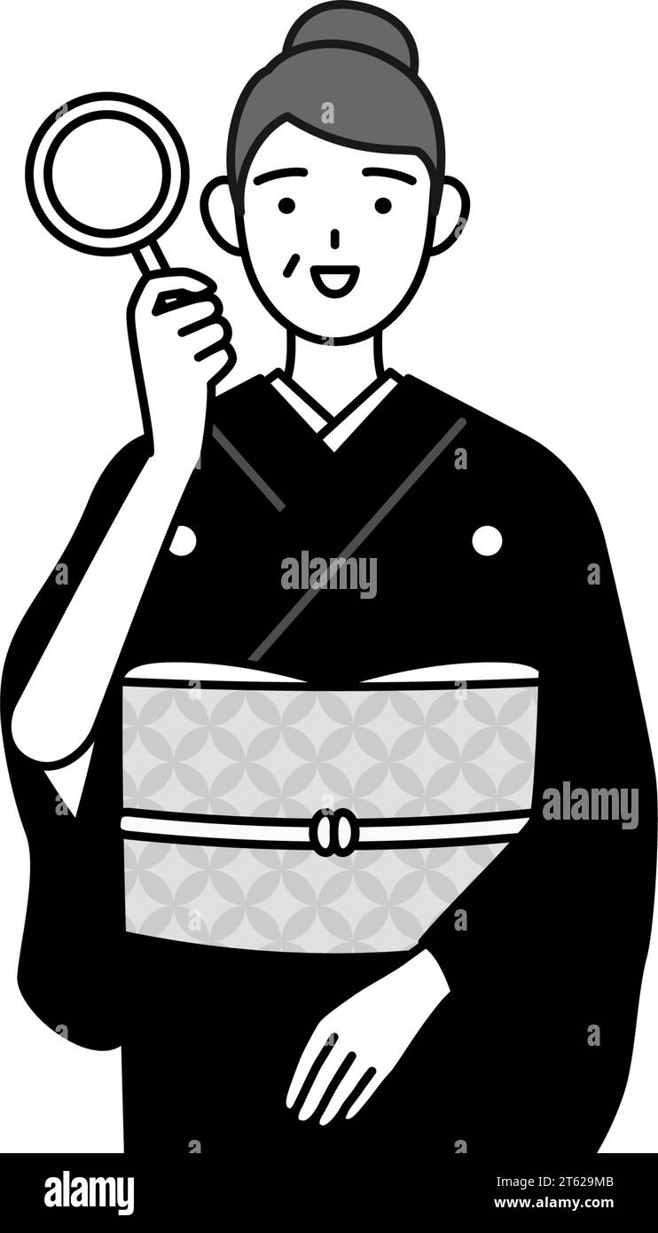 Neujahrsgrüße und Hochzeiten, ältere Frau im Kimono, die durch Lupen schaut, Vektor-Illustration Stock Vektor