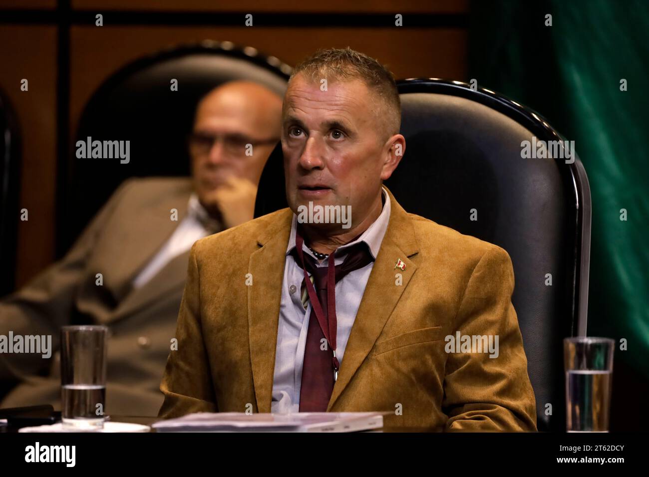 Mexiko-Stadt, Mexiko. November 2023. 7. November 2023, Mexiko-Stadt: Forscher Thierre Maurice Pierre in seiner Intervention bei der zweiten öffentlichen Anhörung Mexiko Unbekannte anomale Phänomene in der Abgeordnetenkammer in Mexiko-Stadt. Am 7. November 2023 in Mexiko-Stadt, Mexiko (Foto: Luis Barron/Eyepix Group/SIPA USA). Quelle: SIPA USA/Alamy Live News Stockfoto