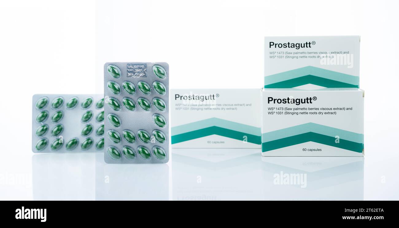 CHONBURI, THAILAND, 8. OKTOBER 2023: Prostagutt hergestellt von Catalent Germany Eberbach GmbH. Saw Palmetto und Brennnessel Extrakt Kapselpille für BPH Stockfoto