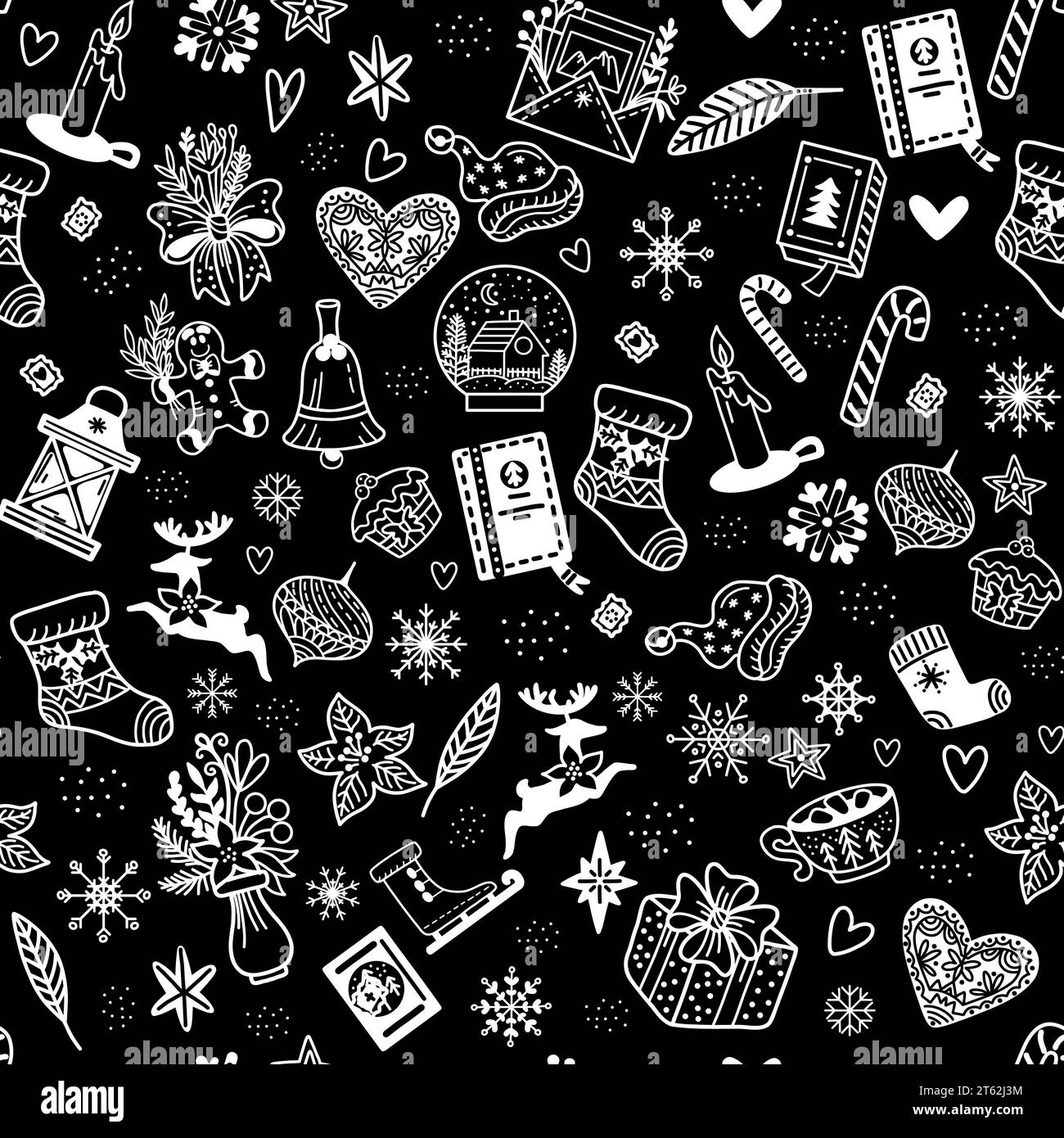 Nahtloses Muster mit Doodle-Elementen, Hirschen, Geschenken, Weihnachtsbällen, Schnee. Feiertagselemente auf schwarzem Hintergrund. Vektorabbildung. Winter Backgro Stock Vektor