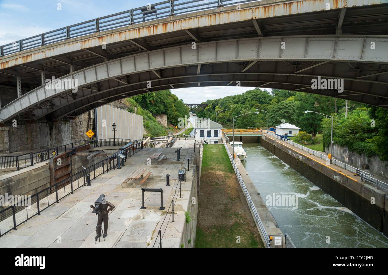 Historische Erie Canal „Flight of Five“ kombinierte Schleusen, Lockport New York Stockfoto