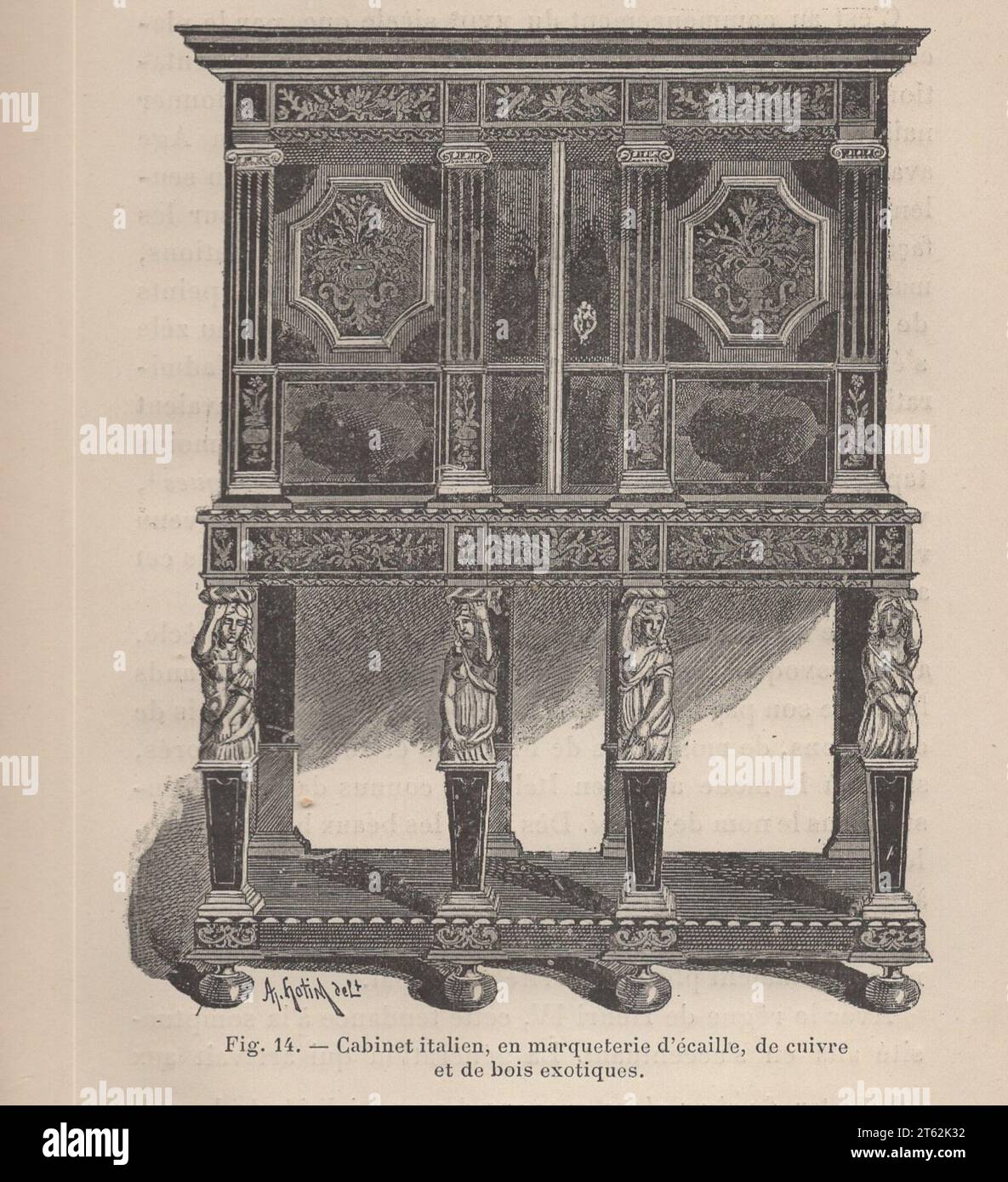 Les Arts de l'Ameublement : L'ebéniestrie par Henry Havard , Paris , Librairie Charles Delagrave 15 rue Soufflot, 15 /antikes französisches Buch aus dem 19. Jahrhundert / Abb. 14.- Cabinet italien, en marqueterie d'écaille, de cuivre et de bois Exotiques / italienisches Cabinet, eingelegt mit Schildpatt, Kupfer und exotischen Hölzern Stockfoto