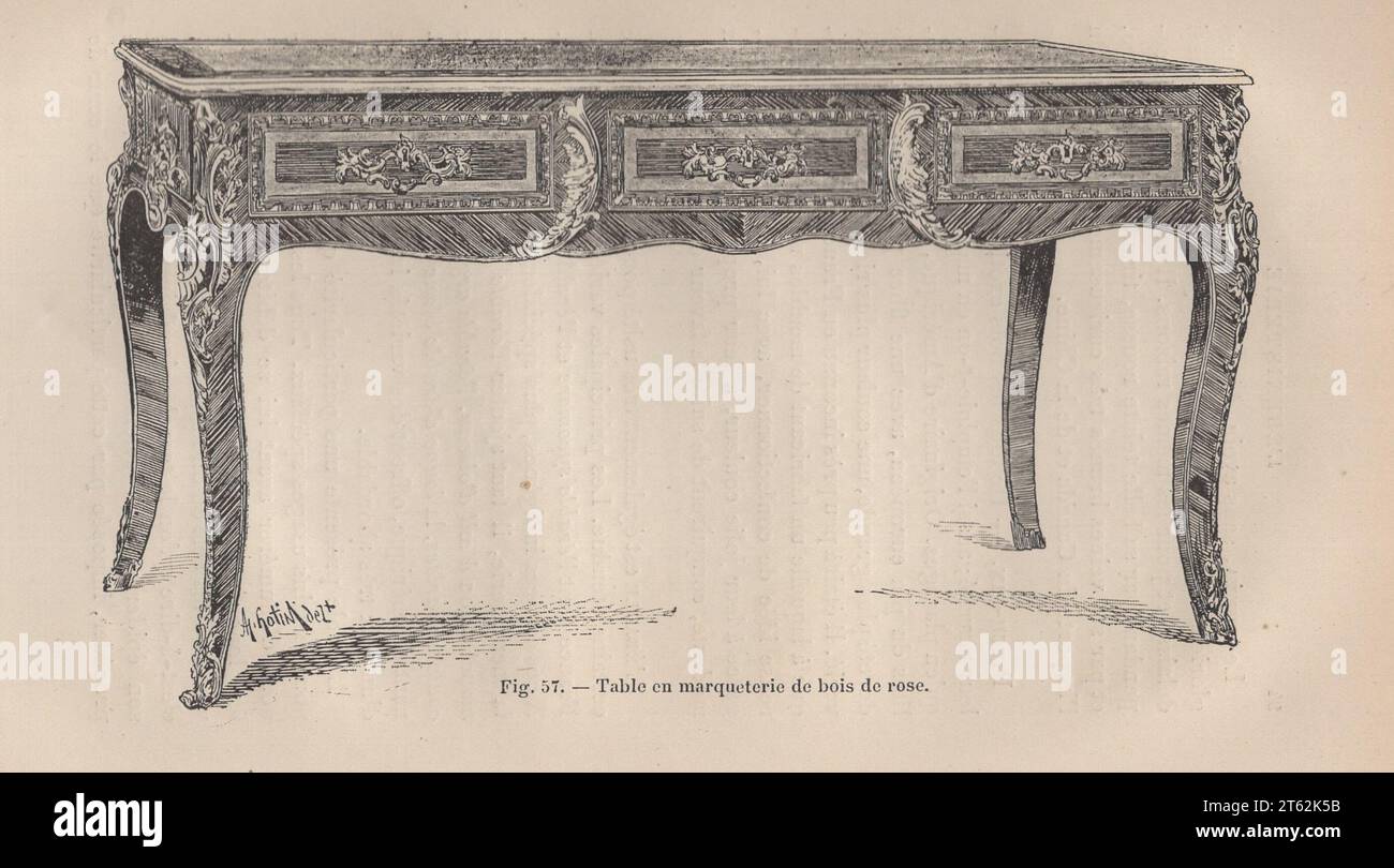Les Arts de l'Ameublement : L'ebéniestrie par Henry Havard , Paris , Librairie Charles Delagrave 15 rue Soufflot, 15 /antikes französisches Buch aus dem 19. Jahrhundert / Abb. 57.- Table en Marqueterie de bois de Rose / Intarsien Tisch aus Palisander / Intarsien aus Palisander Stockfoto