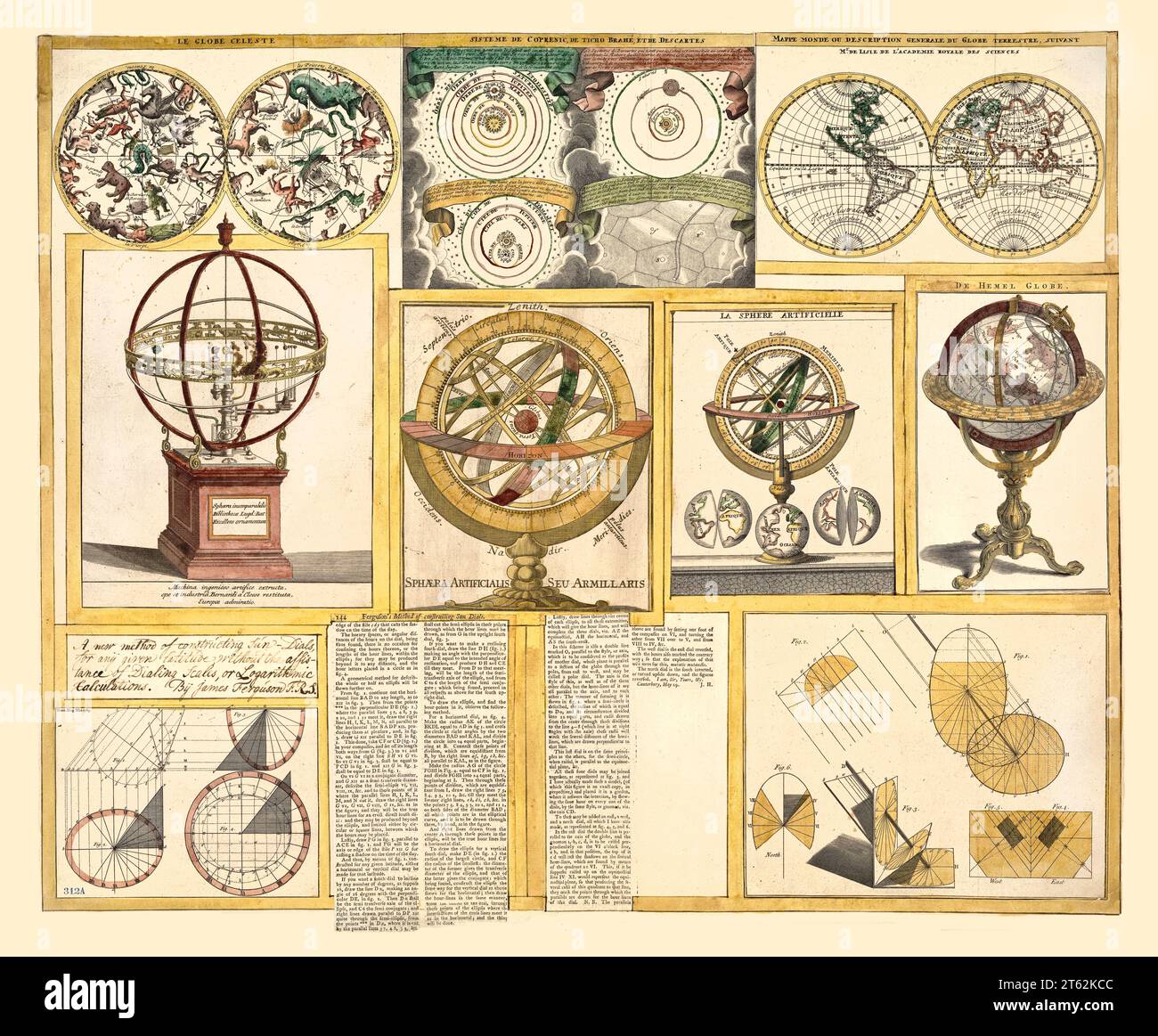Sammlung alter Bilder astronomischer Objekte, Himmelskarten und Weltkarten. Von Ferguson, publ. CA. 1770 Stockfoto