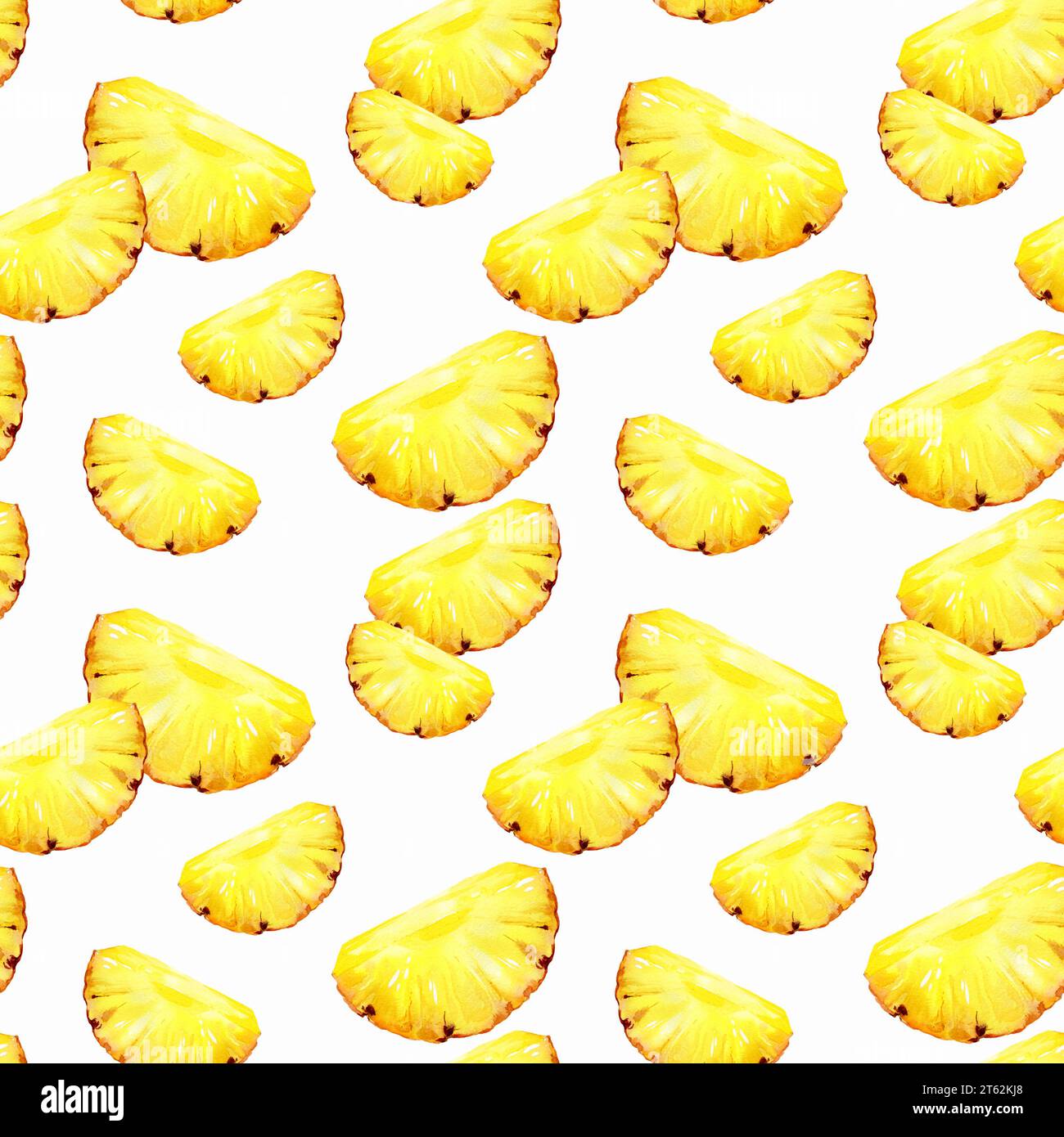 Nahtloses Aquarellmuster mit Ananas, Hälfte und Scheiben reifer Ananas, Skizze tropischer Früchte, handgezeichnete Illustration, Lebensmittelillustration ist Stockfoto