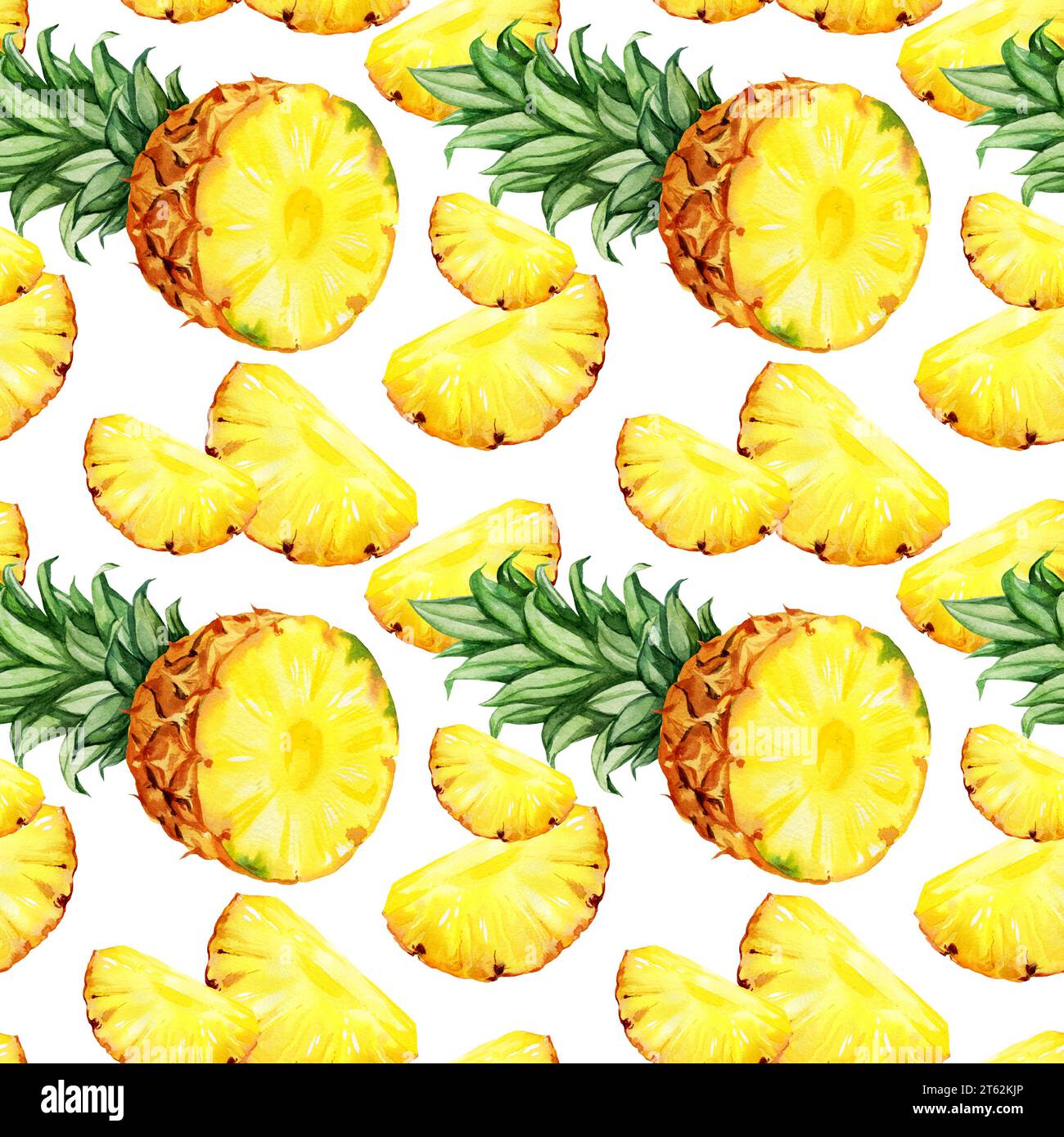Nahtloses Aquarellmuster mit Ananas, Hälfte und Scheiben reifer Ananas, Skizze tropischer Früchte, handgezeichnete Illustration, Lebensmittelillustration ist Stockfoto