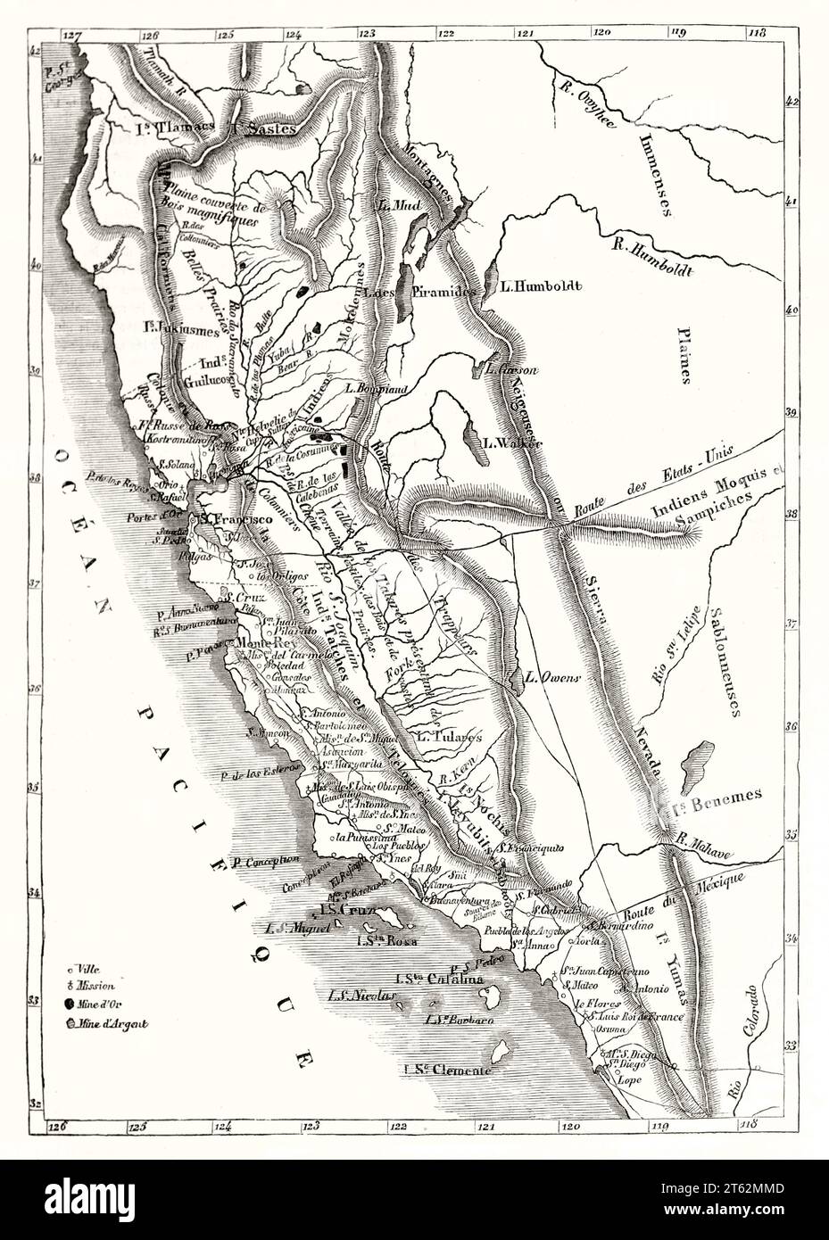 Alte kalifornische Karte. Nach de Mofras, publ. Auf Magasin Pittoresque, Paris, 1849 Stockfoto
