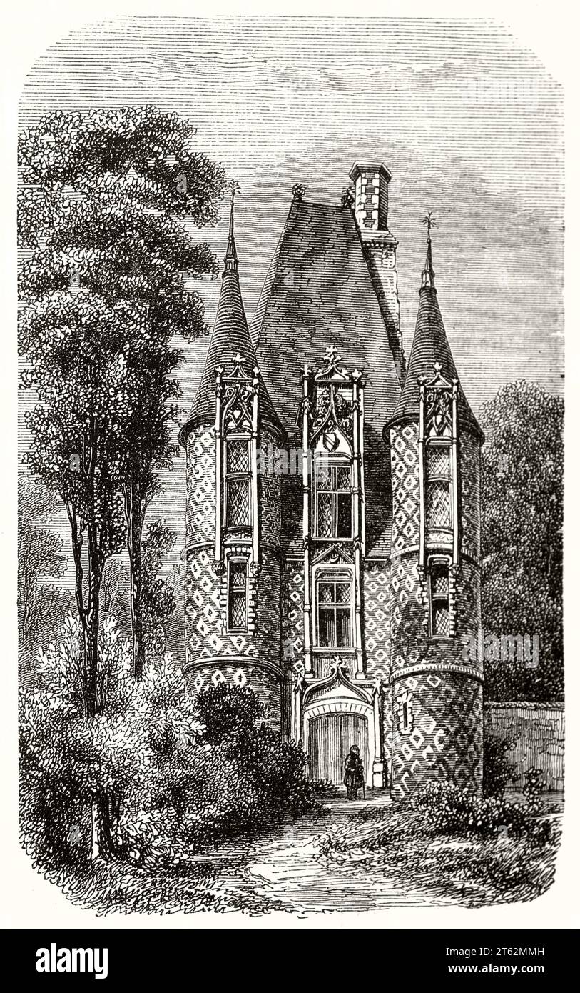 Alte Ansicht von Carrouges Castle Donjon, Frankreich. Von Lancelot, publ. Auf Magasin Pittoresque, Paris, 1849 Stockfoto
