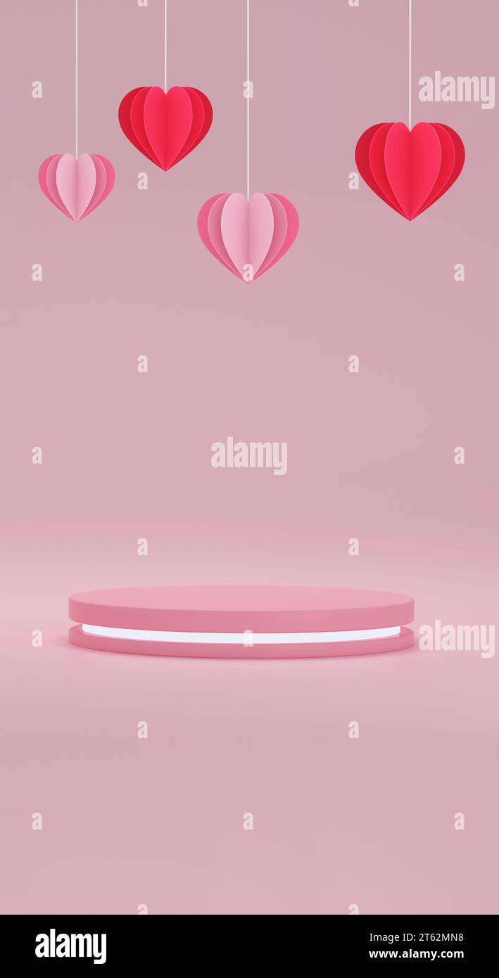 3D Paper Cur Heart Ballon schwimmend mit Neon Podium auf rosa Hintergrund. Alles Gute zum Valentinstag. 3D-Abbildung. Stockfoto