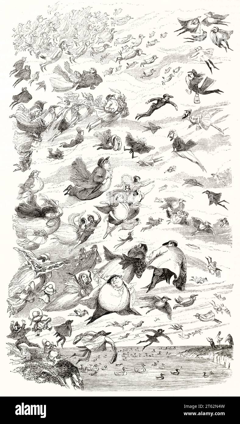 Alte Fantasy-Illustration, die Menschen zeigt, die über den englischen Kanal fliegen, z. B. Zugvögel. Von Grandville, auf Magasin Pittoresque, Paris, 1849 Stockfoto