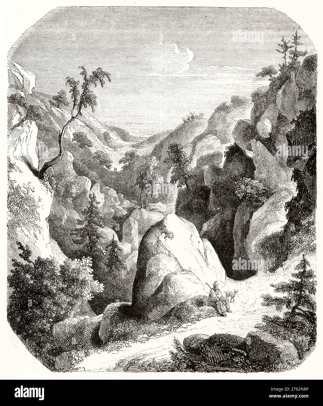 Alte Aussicht auf die Gorges d'Apremont, Fontainebleau, Frankreich. Von Champin, Publ. Auf Magasin Pittoresque, Paris, 1849 Stockfoto