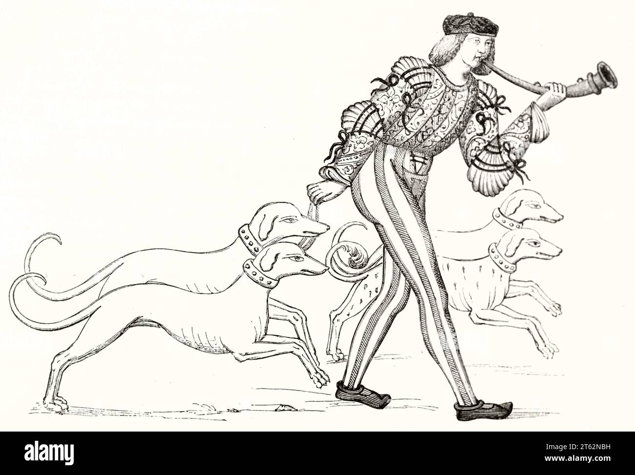 Illustration eines Mannes, der Horn spielt, während er an der Leine Jagdhunde trägt (Ludwig XII.) Von Willemin, publ. Auf Magasin Pittoresque, Paris, 1849 Stockfoto