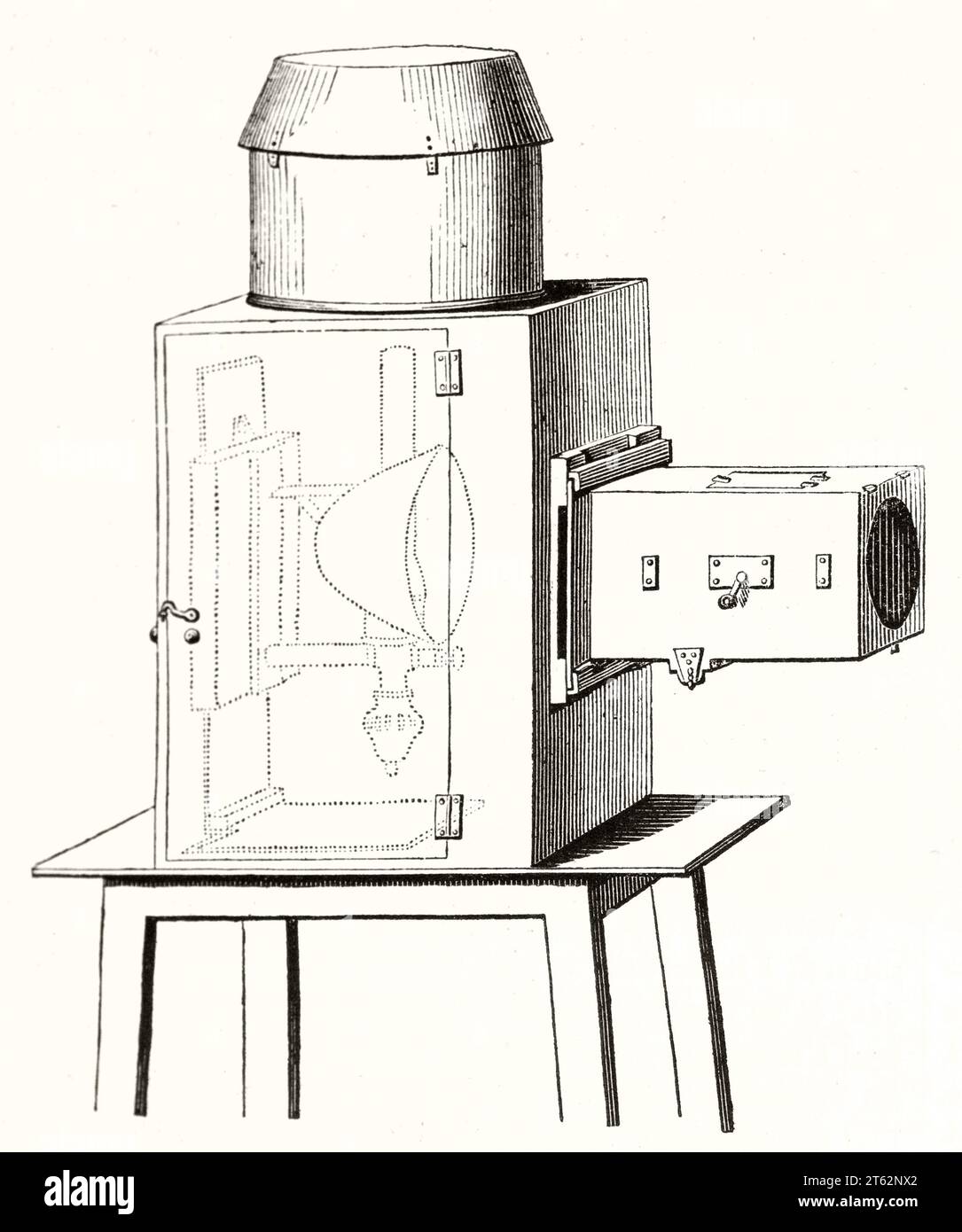 Alte Illustration des Phantasmagoria-Projektors (Horrortheater mit Zauberlaternen). Vom unbekannten Autor, publ. Auf Magasin Pittoresque, Paris, 1849 Stockfoto