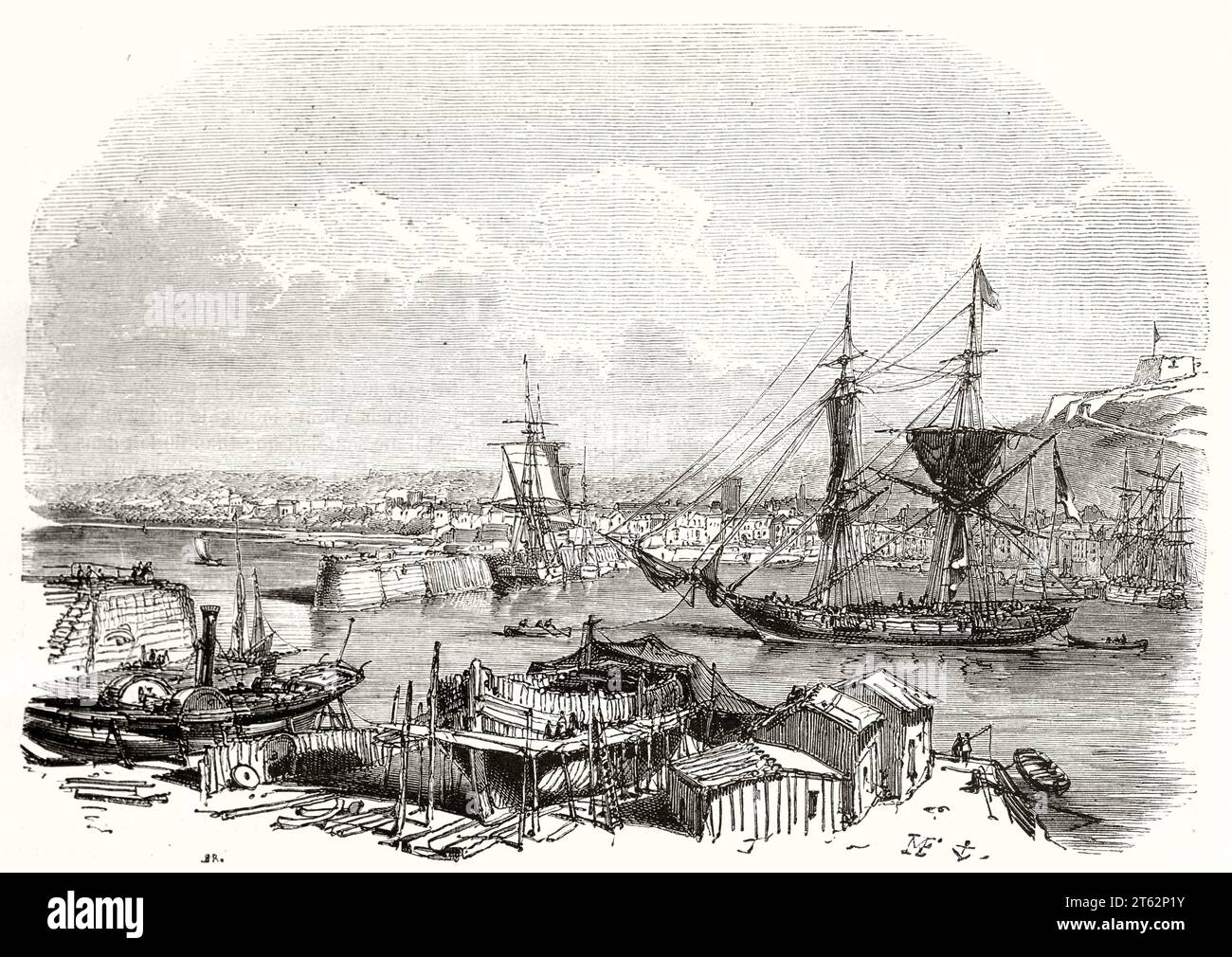 Alte Aussicht auf Saint Helier Seehafen, Jersey, English Channel. Von Morel-Fatio, publ. Auf Magasin Pittoresque, Paris, 1849 Stockfoto