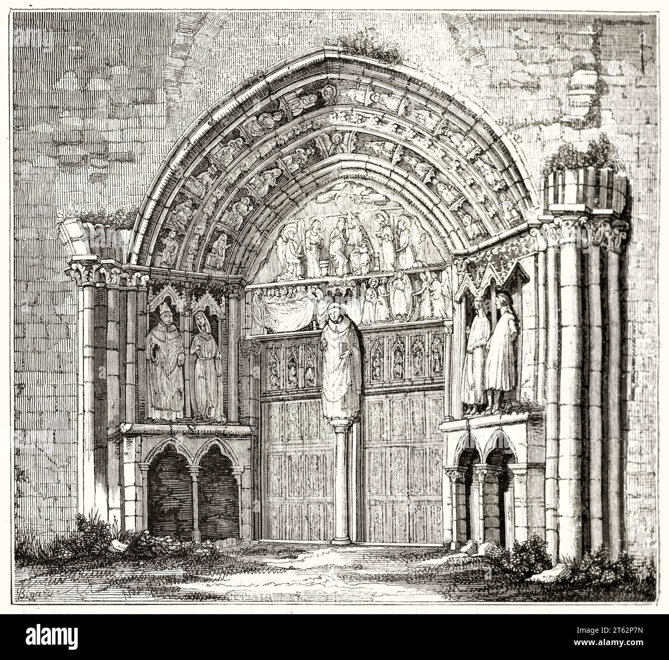 Alte Illustration des Kirchenportals Saint-Thibault, Cote-d'Or, Frankreich. Vom unbekannten Autor, publ. Auf Magasin Pittoresque, Paris, 1849 Stockfoto