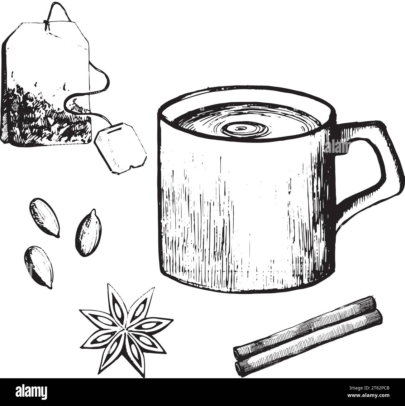 Vektorabbildung. Tasse Tee, Teebeutel, Gewürze, Kardamom, Sternanis, Zimt gezeichnet in Vektor in Schwarz auf weißem Hintergrund. Zum Backen, für die Küche Stock Vektor