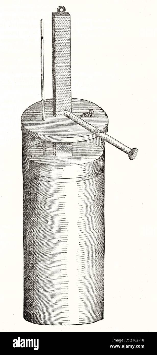 Alte Abbildung von Dampfzylinder und Kolben von Denis Papin. Pub. Auf Magasin Pittoresque, Paris, 1849 Stockfoto